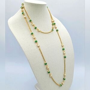 Vintage Necklace Goldtone Faux Pearl & Green Necklace #751